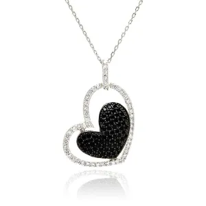 Clearance-Silver 925 Rhodium and Black Rhodium Plated Clear and Black CZ Heart Pendant Necklace - STP00819