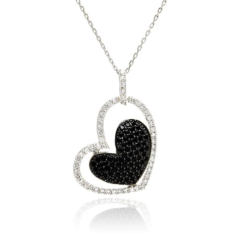 Clearance-Silver 925 Rhodium and Black Rhodium Plated Clear and Black CZ Heart Pendant Necklace - STP00819