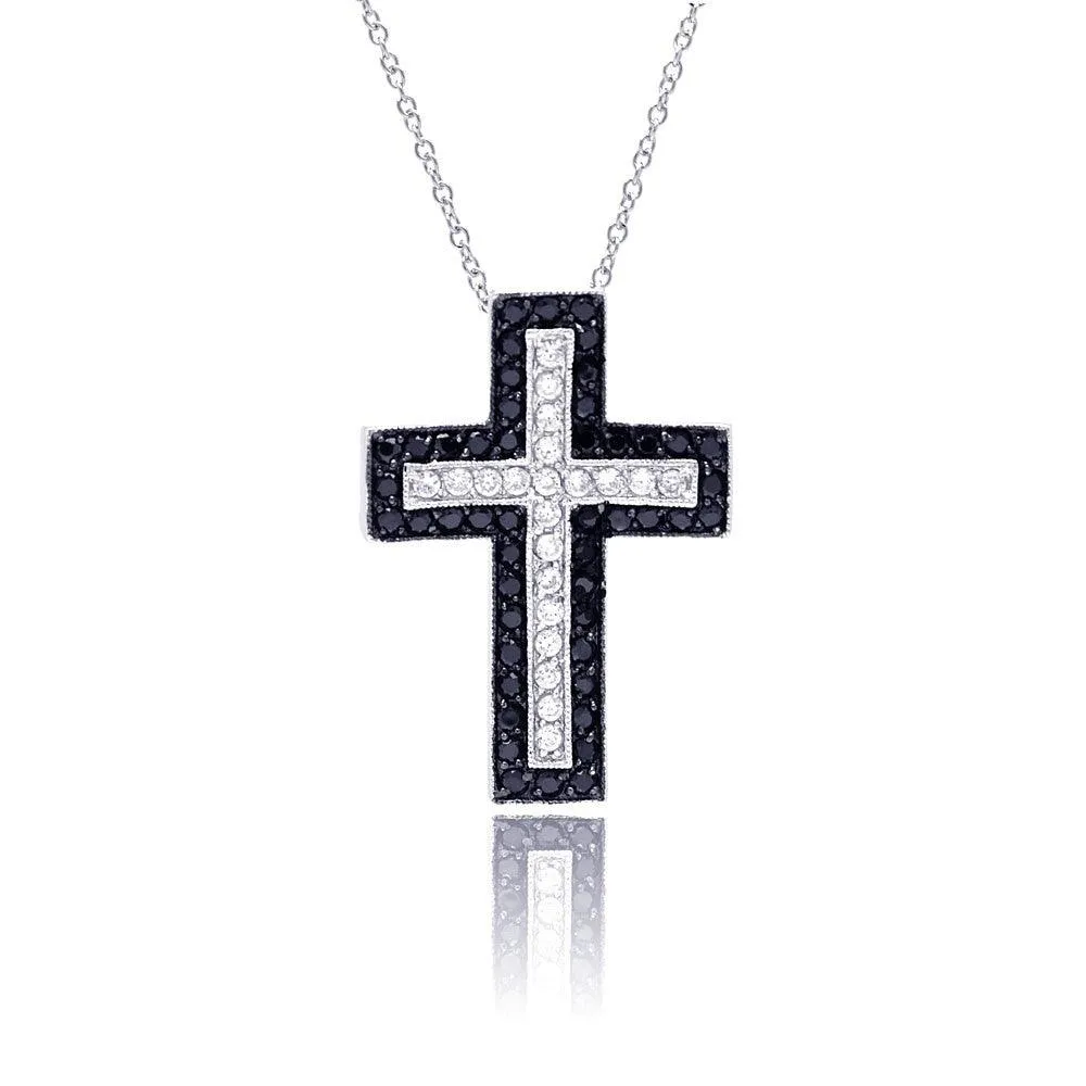 Clearance-Silver 925 Rhodium Black and Clear Cross CZ Necklace - BGP00215