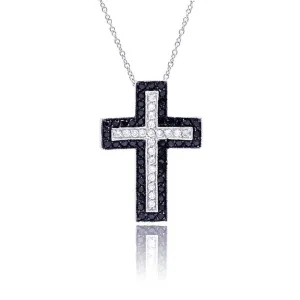 Clearance-Silver 925 Rhodium Black and Clear Cross CZ Necklace - BGP00215