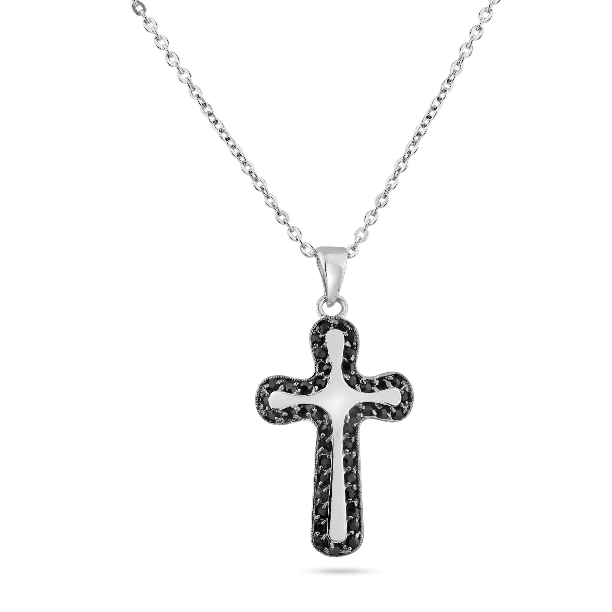 Clearance-Silver 925 Rhodium Black Onyx Cross CZ Necklace - BGP00191
