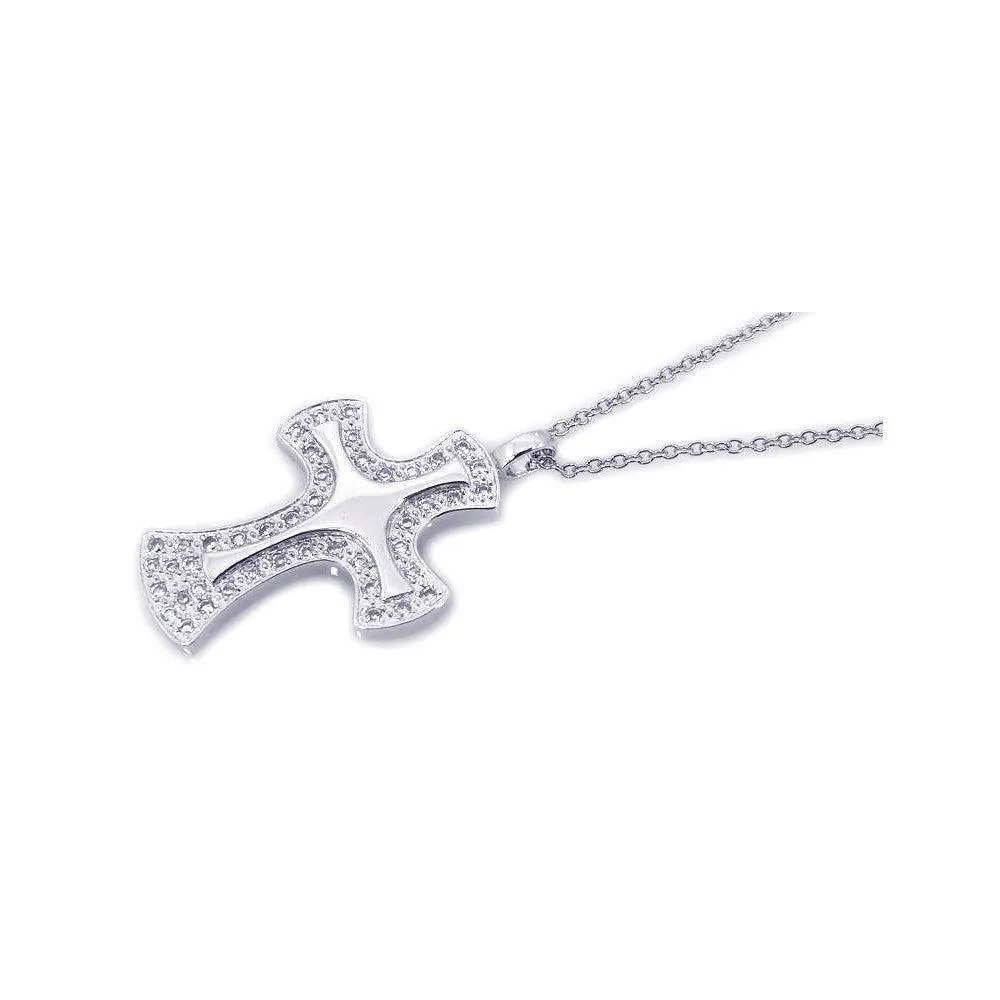 Clearance-Silver 925 Rhodium Cross CZ Necklace - BGP00205