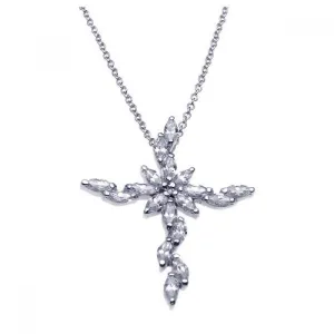 Clearance-Silver 925 Rhodium Marquis Cross CZ Necklace - BGP00235