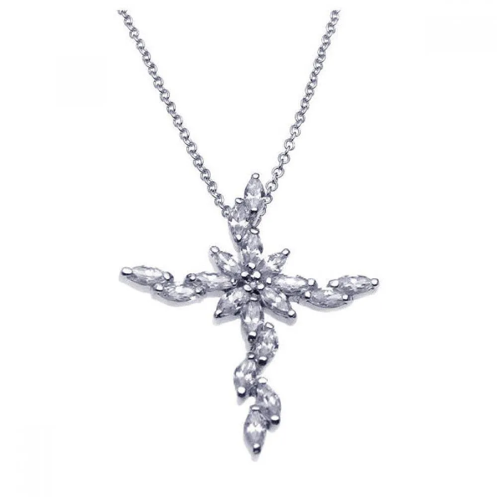 Clearance-Silver 925 Rhodium Marquis Cross CZ Necklace - BGP00235
