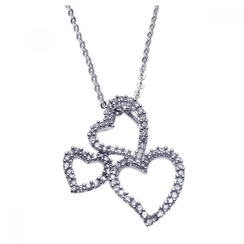 Clearance-Silver 925 Rhodium Multiple Graduated Open Heart CZ Necklace - BGP00210