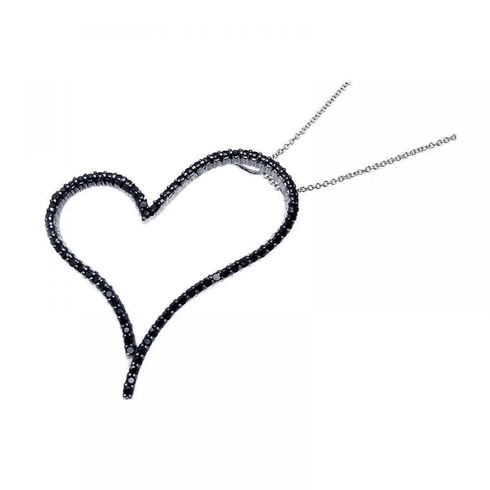 Clearance-Silver 925 Rhodium Plated Black CZ Heart Pendant Necklace - STP00875BLK