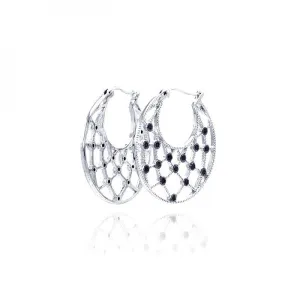 Clearance-Silver 925 Rhodium Plated Black Round CZ Web Crescent Hoop Earrings - STE00519BLK