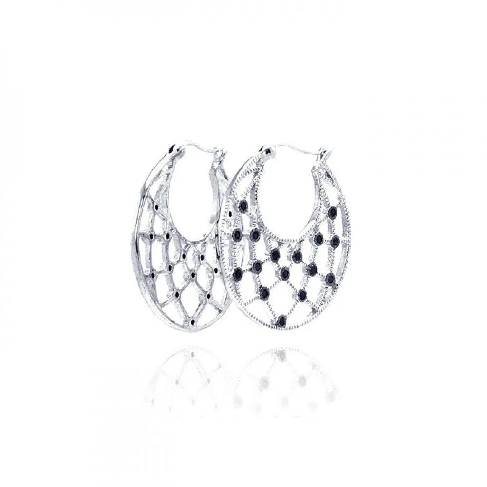 Clearance-Silver 925 Rhodium Plated Black Round CZ Web Crescent Hoop Earrings - STE00519BLK
