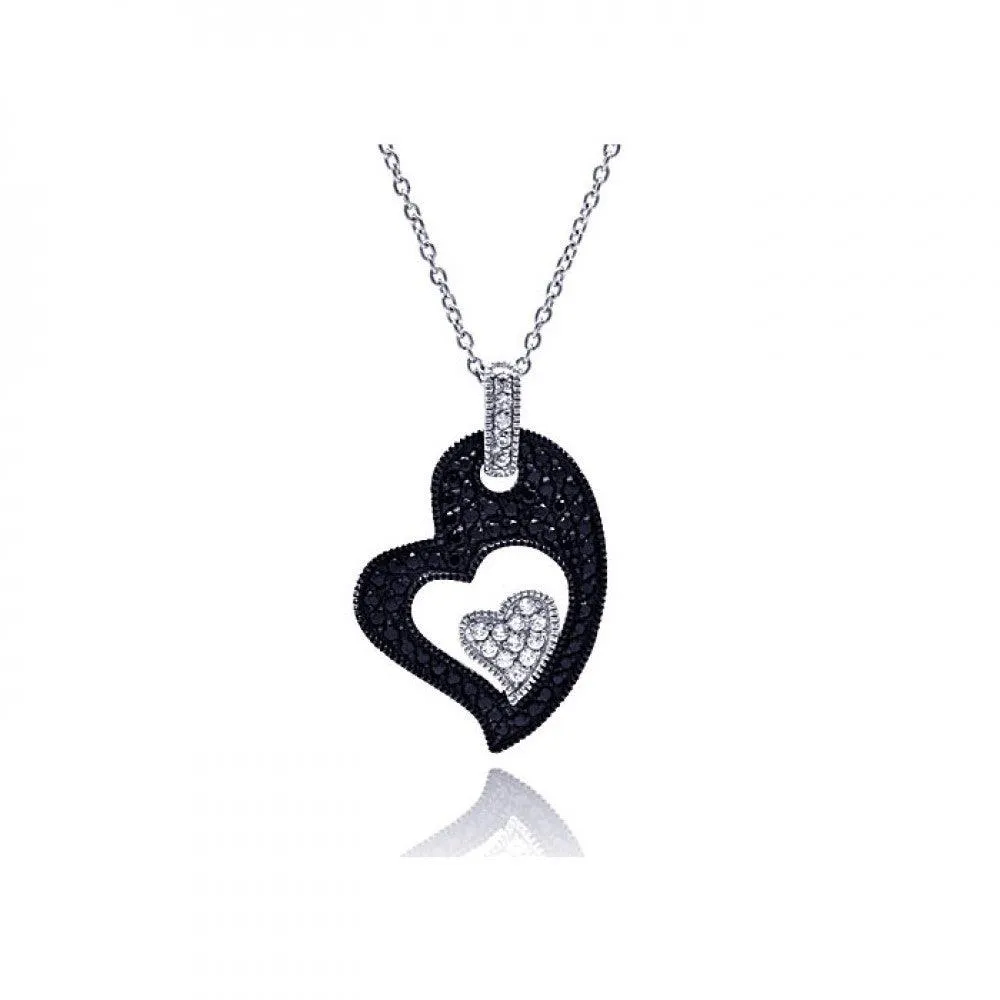 Clearance-Silver 925 Rhodium Plated Clear CZ Black Heart Pendant Necklace - STP01125
