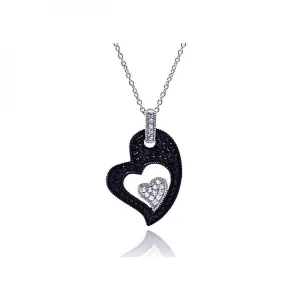 Clearance-Silver 925 Rhodium Plated Clear CZ Black Heart Pendant Necklace - STP01125