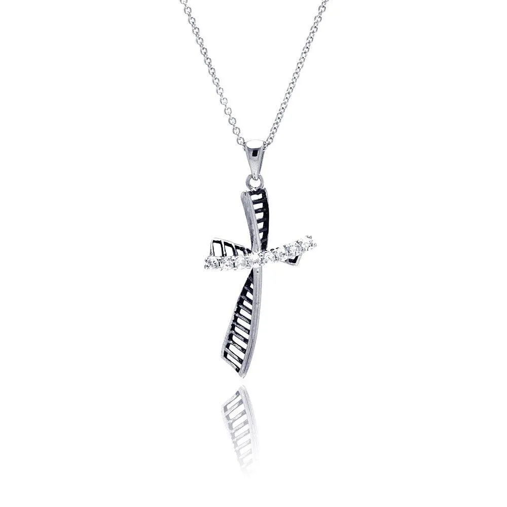 Clearance-Silver 925 Rhodium Plated Clear CZ Cross Pendant Necklace - STP00824