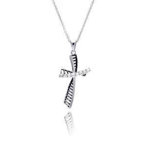 Clearance-Silver 925 Rhodium Plated Clear CZ Cross Pendant Necklace - STP00824