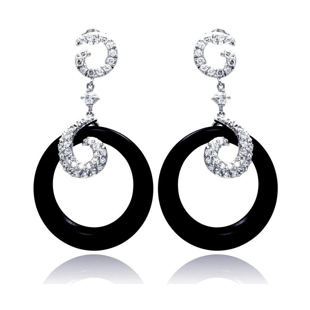 Clearance-Silver 925 Rhodium Plated Coil J hook CZ Black Round Onyx Dangling Stud Earrings - STE00530