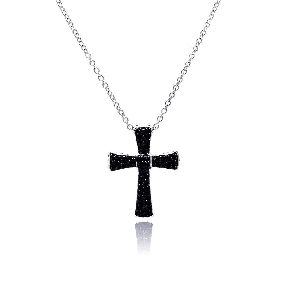 Clearance-Silver 925 Rhodium Plated Cross Black CZ Necklace - BGP00372
