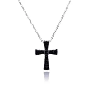 Clearance-Silver 925 Rhodium Plated Cross Black CZ Necklace - BGP00372