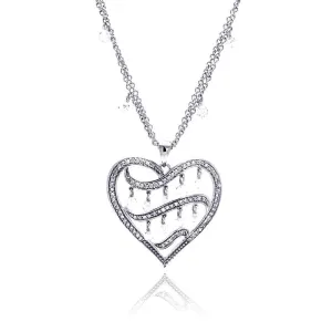 Clearance-Silver 925 Rhodium Plated Filigree Heart CZ Chandelier Dangling Necklace - STP00591