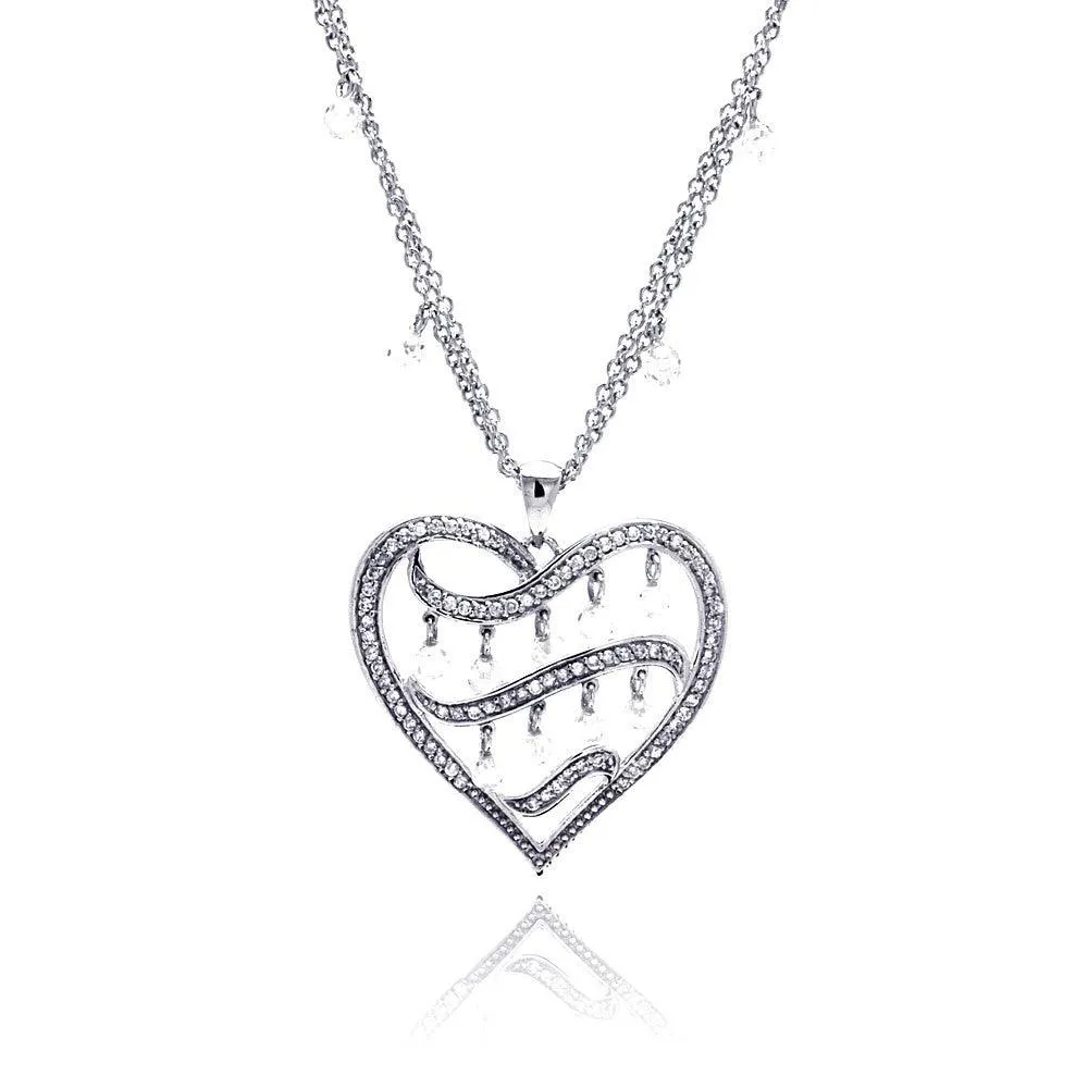 Clearance-Silver 925 Rhodium Plated Filigree Heart CZ Chandelier Dangling Necklace - STP00591