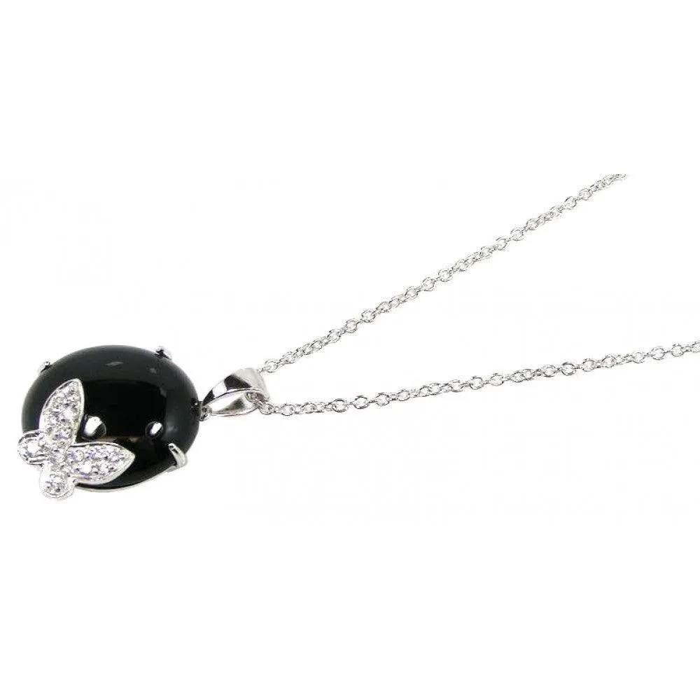 Clearance-Silver 925 Rhodium Plated Round Onyx Clear CZ Butterfly Pendant Necklace - STP00628