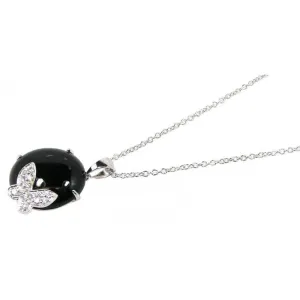 Clearance-Silver 925 Rhodium Plated Round Onyx Clear CZ Butterfly Pendant Necklace - STP00628