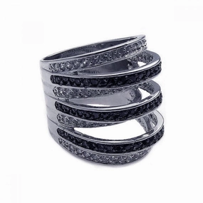 Clearance-Silver 925 Rhodium and Black Rhodium Plated Black and Clear CZ Stripe Ring - BGR00171
