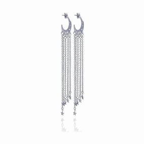 Clearance-Silver 925 Rhodium Plated Heart Cut out Moon Shape Wire Dangling Star Earrings - STE00055