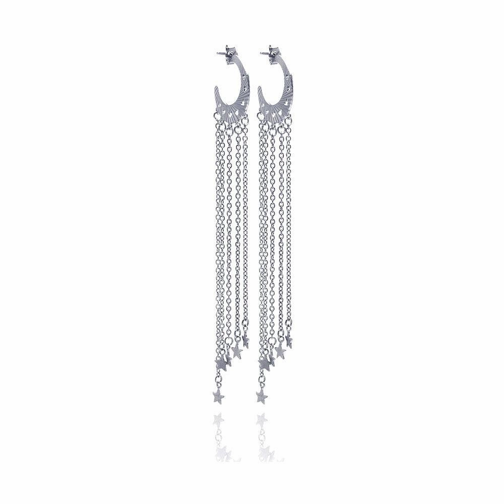 Clearance-Silver 925 Rhodium Plated Heart Cut out Moon Shape Wire Dangling Star Earrings - STE00055
