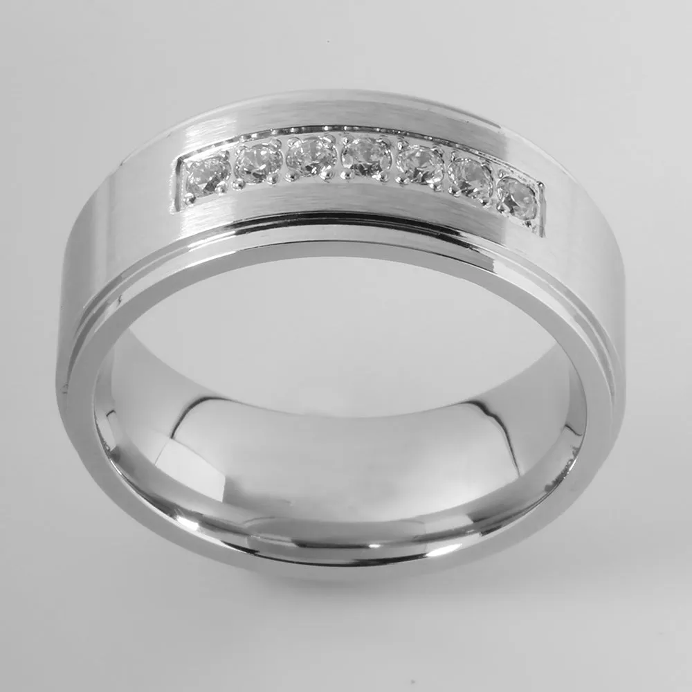 Cobalt Double Ring Flat with Clear CZ Wedding Ring 8mm