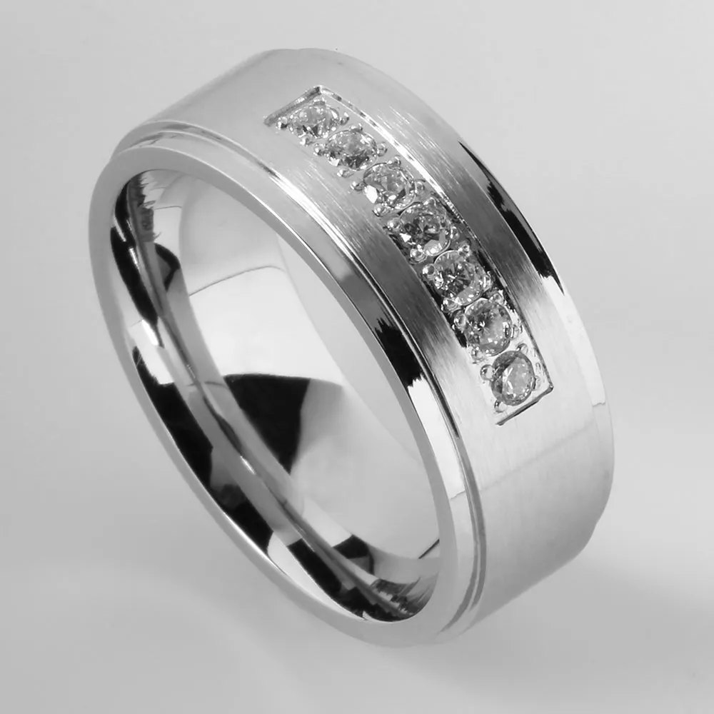 Cobalt Double Ring Flat with Clear CZ Wedding Ring 8mm