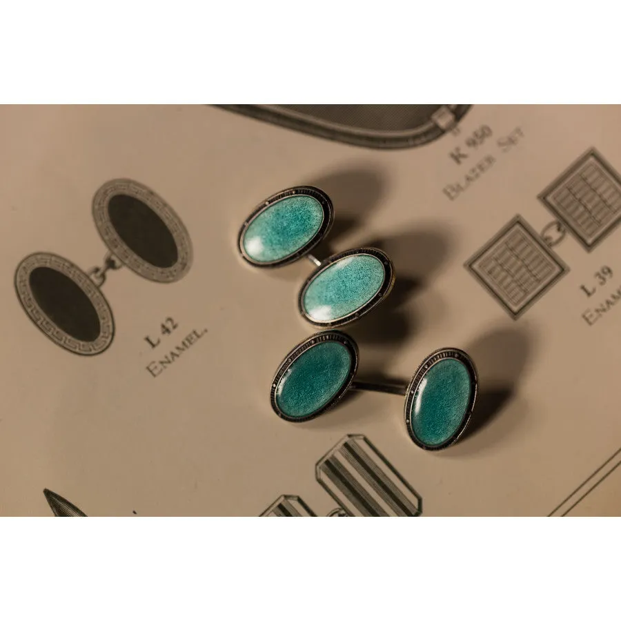 Deakin & Francis Cufflinks Sterling Silver Blue Oval Vitreous Enamel Vintage