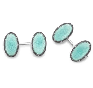Deakin & Francis Cufflinks Sterling Silver Blue Oval Vitreous Enamel Vintage