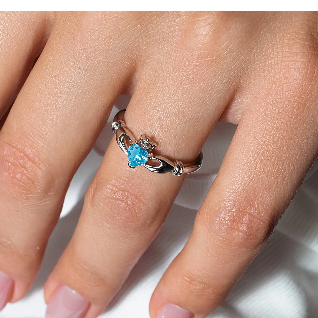 December Sterling Silver 925 Rhodium Plated CZ Center Birthstone Claddagh Ring - BGR01083DEC