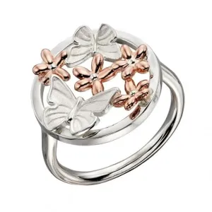 Elements Silver Satin Finish Butterfly Rose Gold Flowers Ring R3697