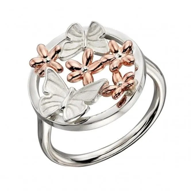 Elements Silver Satin Finish Butterfly Rose Gold Flowers Ring R3697