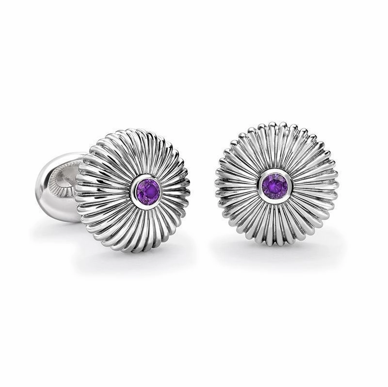 Faberge Sterling Silver Amethyst Fluted Cufflinks