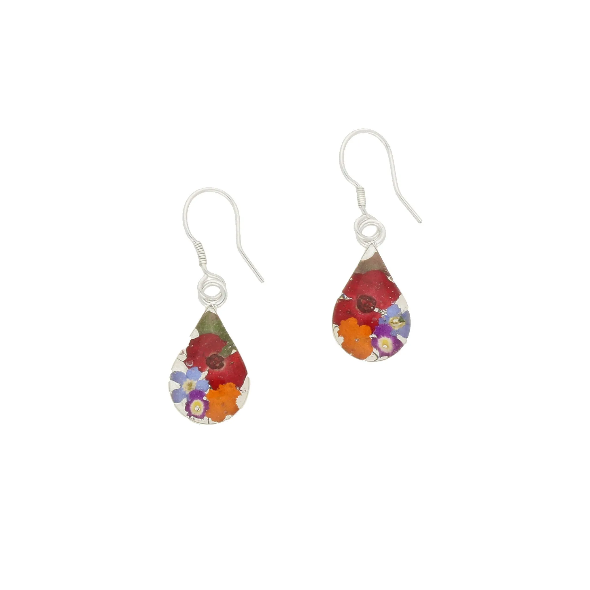 Floral Earrings Mixed Teardrop Drop Silver Small