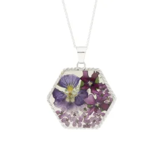 Floral Necklace Blue & Purple Hexagon Silver Large