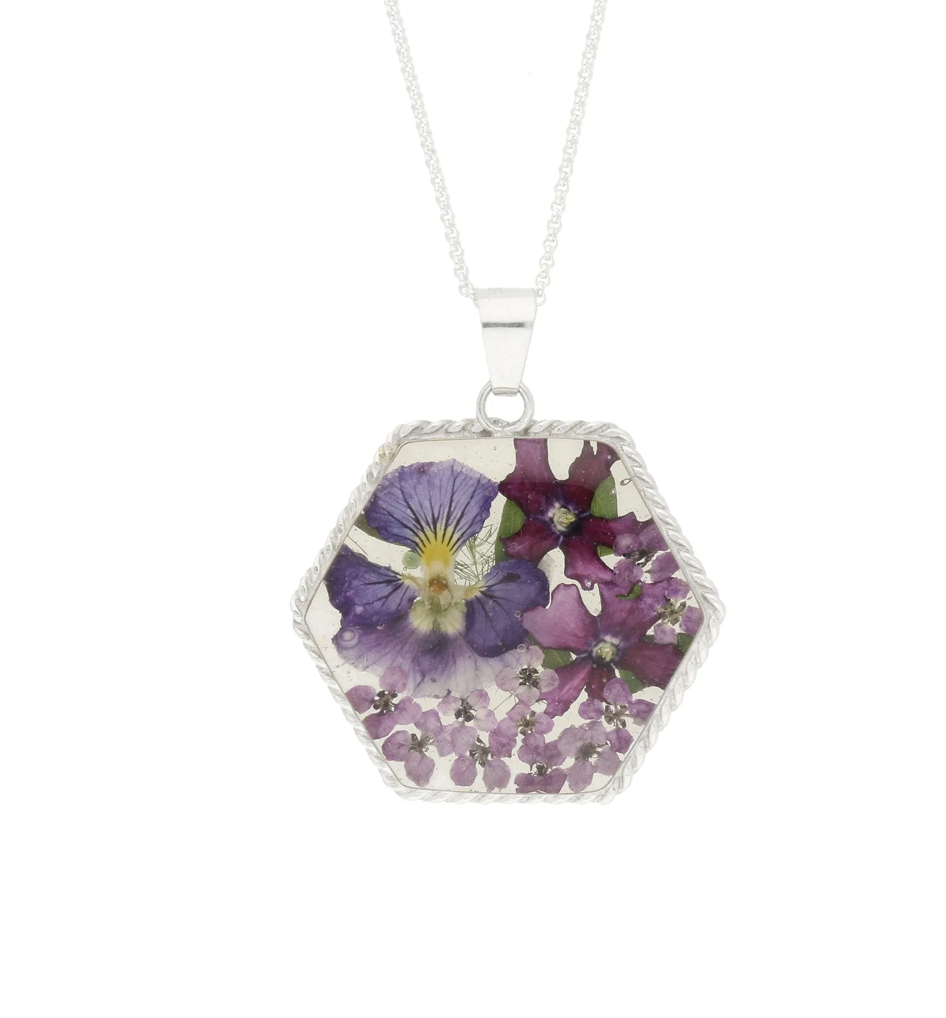 Floral Necklace Blue & Purple Hexagon Silver Large