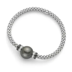 Fope Flex'It Solo 18ct White Gold Black And White Diamond Black Pearl Bracelet
