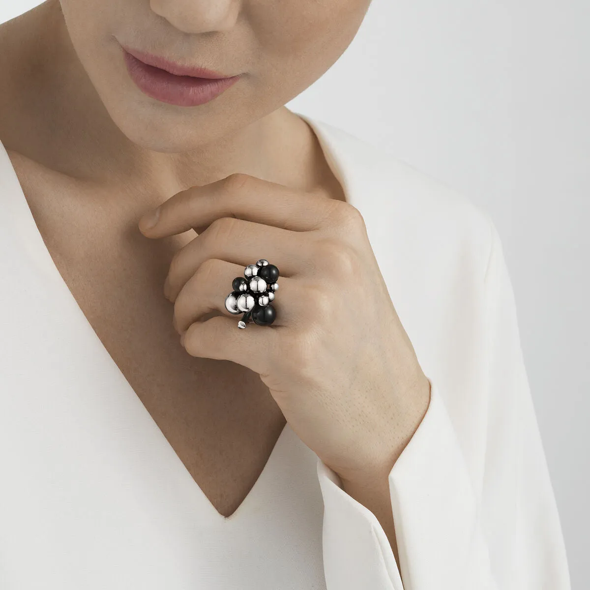 Georg Jensen Moonlight Grapes Sterling Silver Black Onyx Medium Ring