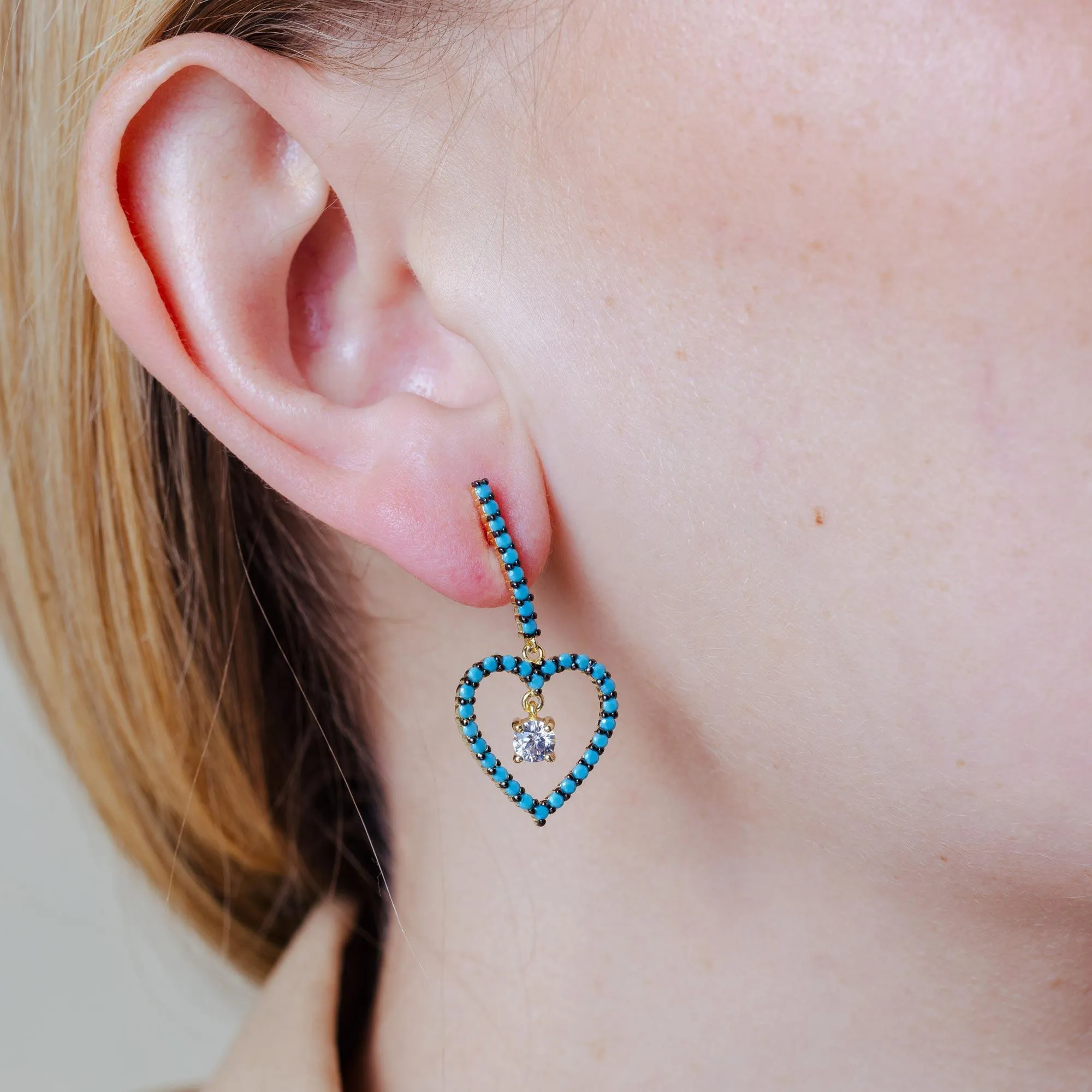 Gold and Black Rhodium Plated 925 Sterling Silver Curved Bar and Dangling Open Heart with Turquoise Beads and CZ - BGE00528