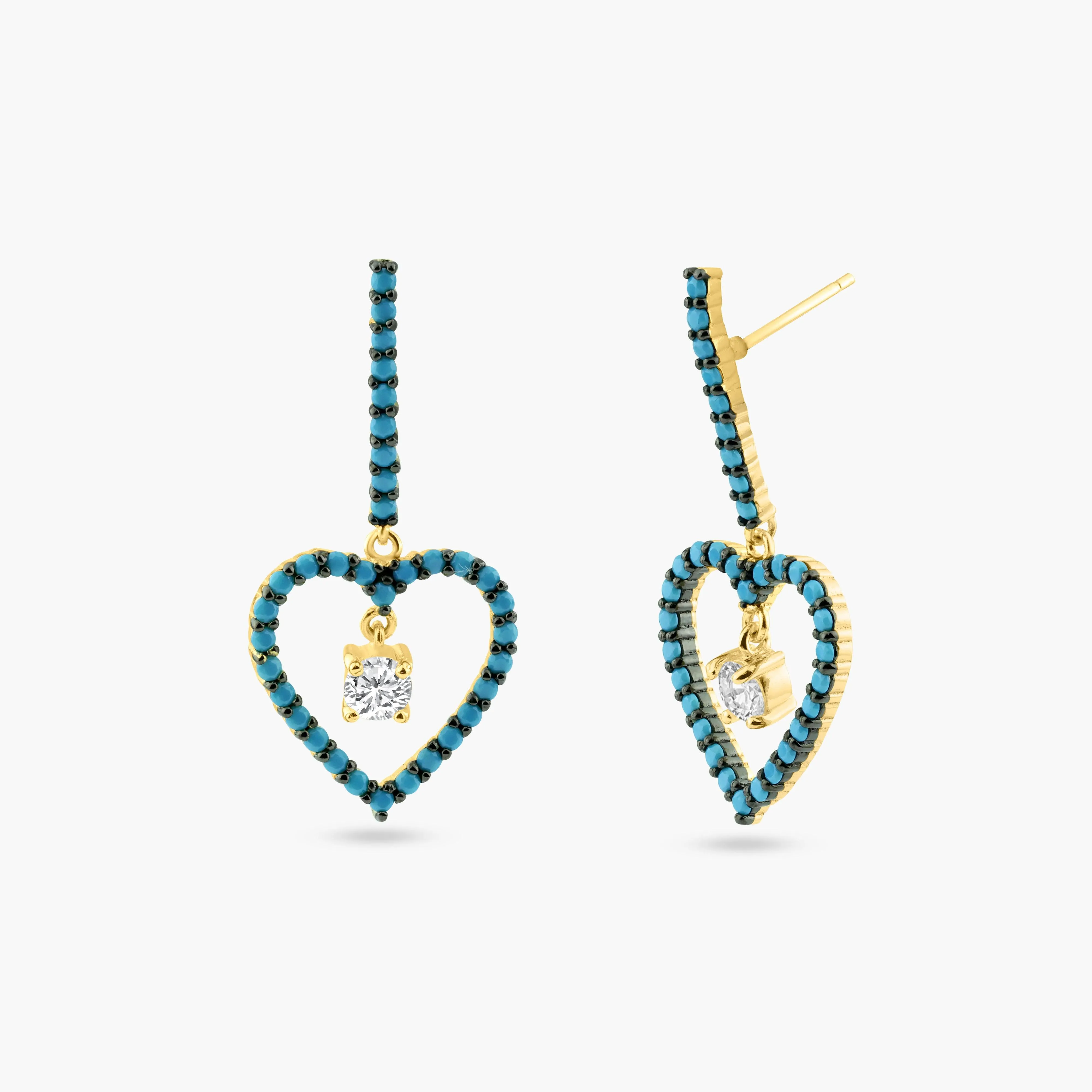 Gold and Black Rhodium Plated 925 Sterling Silver Curved Bar and Dangling Open Heart with Turquoise Beads and CZ - BGE00528