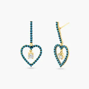 Gold and Black Rhodium Plated 925 Sterling Silver Curved Bar and Dangling Open Heart with Turquoise Beads and CZ - BGE00528