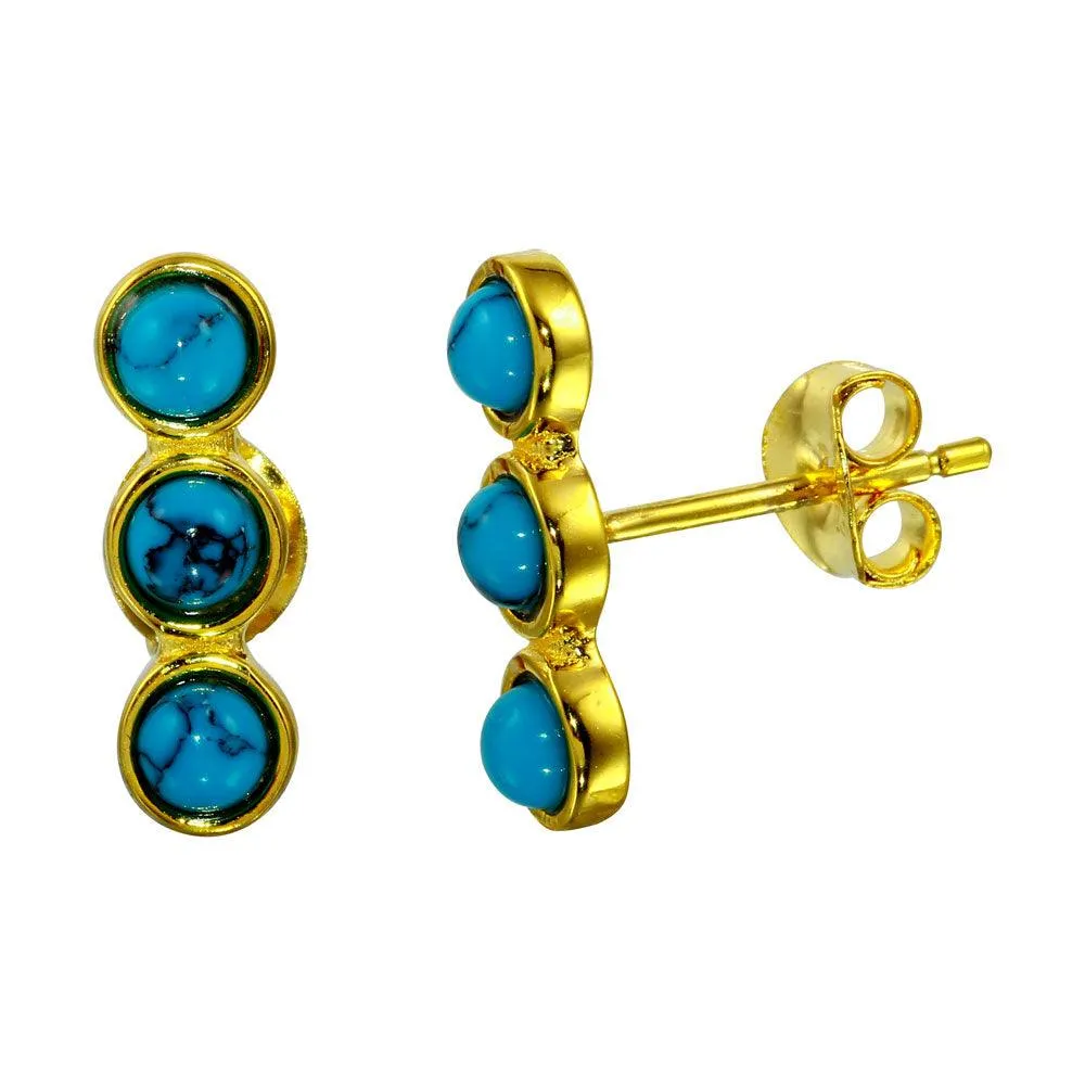 Gold Plated 925 Sterling Silver 3 Round Turquoise Earrings - BGE00565