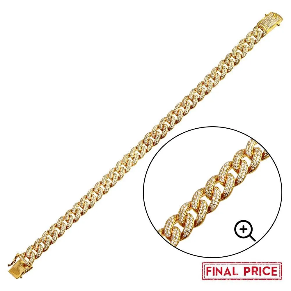 Gold Plated 925 Sterling Silver 9.5mm Miami Curb CZ Chain and Bracelet - GMN00176GP | GMB00089GP