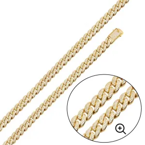 Gold Plated 925 Sterling Silver 9.5mm Miami Curb CZ Chain and Bracelet - GMN00176GP | GMB00089GP