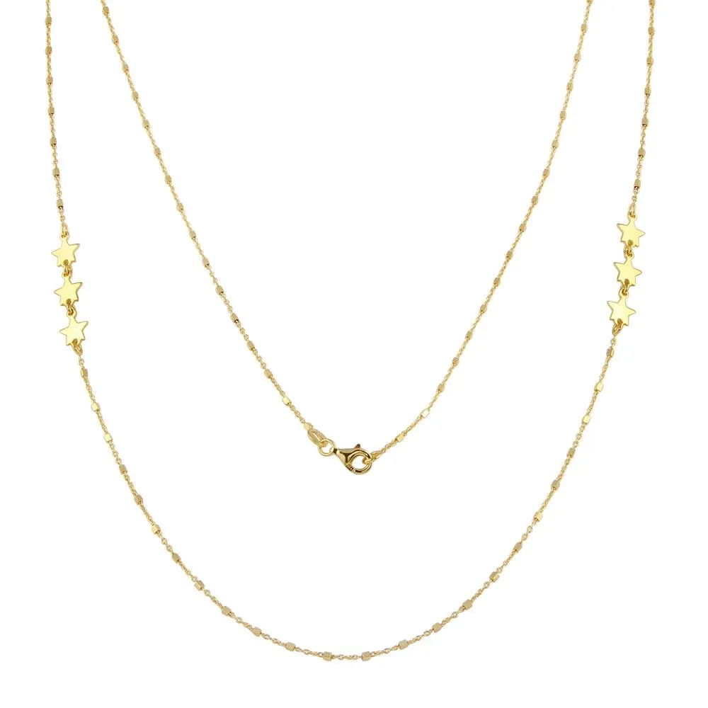Gold Plated 925 Sterling Silver Alternating Stars Chain Necklace - ECN00036GP
