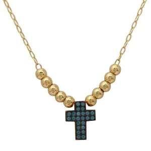 Gold Plated 925 Sterling Silver Beaded Necklace with Turquoise Stone Cross - GMN00025GB