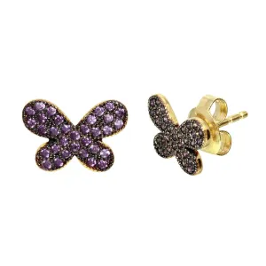 Gold Plated 925 Sterling Silver Butterfly Studs Earrings with Purple CZ Stones - GME00097GP