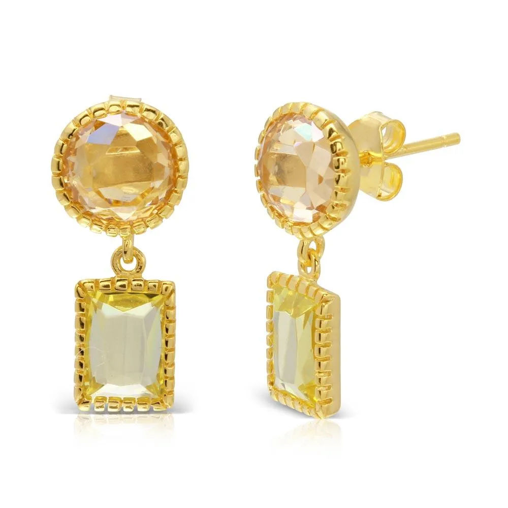 Gold Plated 925 Sterling Silver Champagne Round CZ with Dangling Green Cushion CZ - BGE00523
