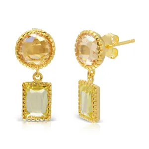 Gold Plated 925 Sterling Silver Champagne Round CZ with Dangling Green Cushion CZ - BGE00523